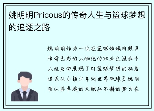 姚明明Pricous的传奇人生与篮球梦想的追逐之路